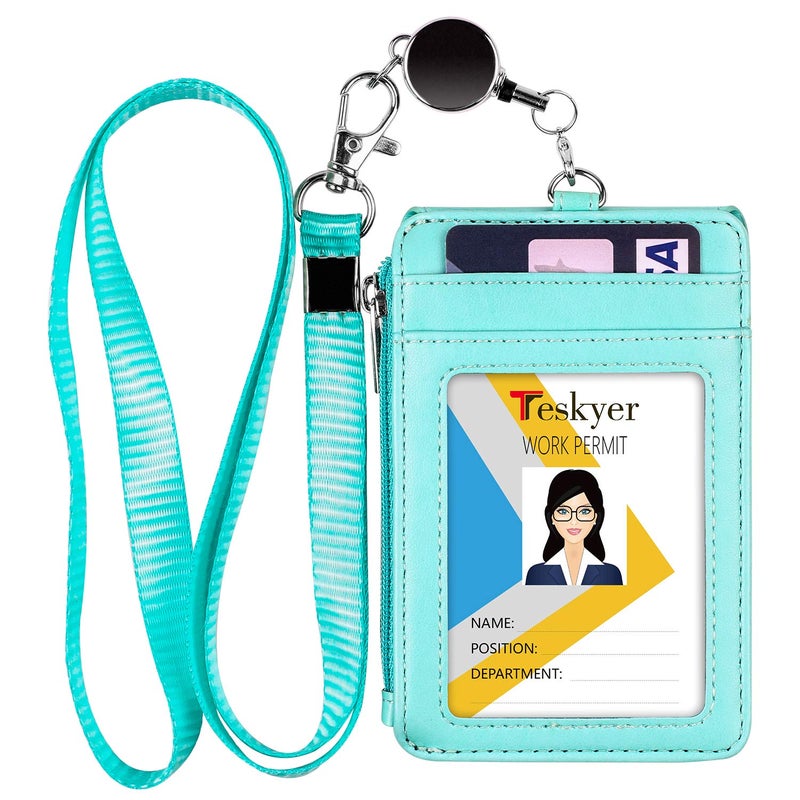 Teskyer Leather Badge Holder with Lanyard and Retractable Badge Reel, 4 Card Slots ID Card Holder with 1 Zipper Pocket for Office School Name Work IDs, Green - Image 1